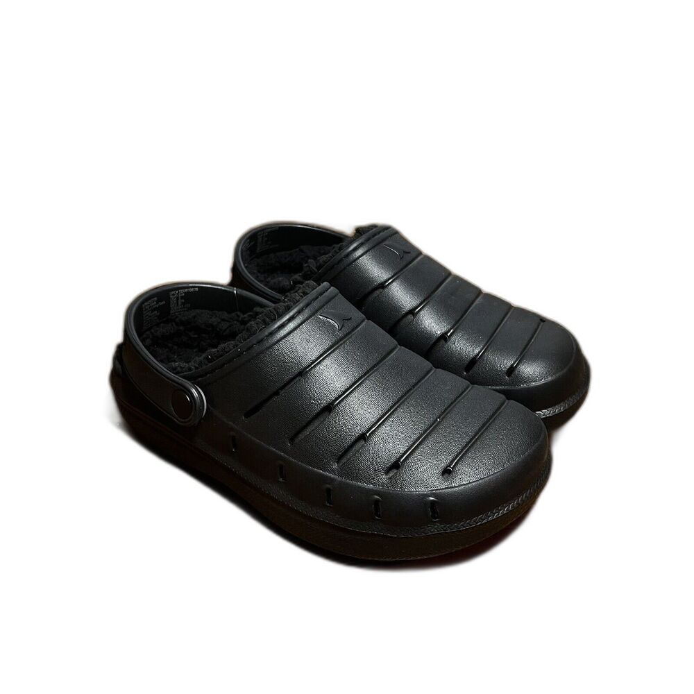 Rugged Shark Size 2 Kids Black Fur Lined EVA Clog